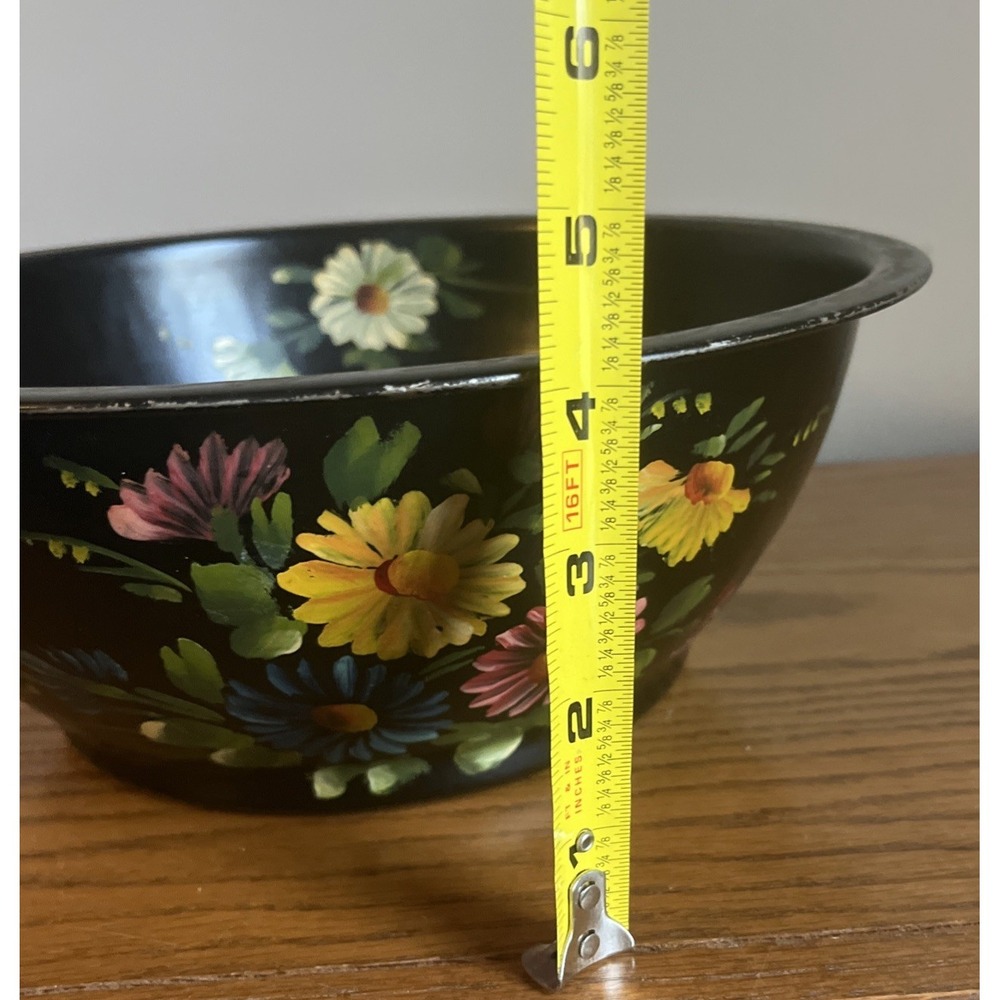 Vintage Nashco Hand Painted Tin Bowl 11 in. Black Floral READ - Picture 7 of 9